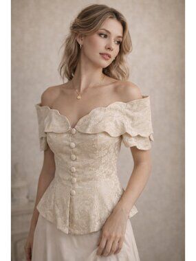 Vintage Hollywood Nites Ivory Brocade Peplum Top Off Shoulder Romantic XS S